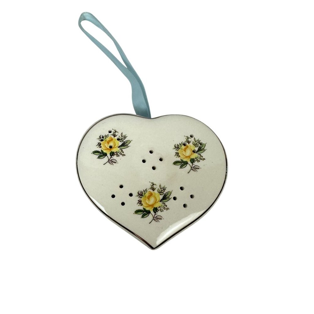 Heart-Shaped Ceramic Salt Shaker With Floral Design & Blue Ribbon Made In Japan